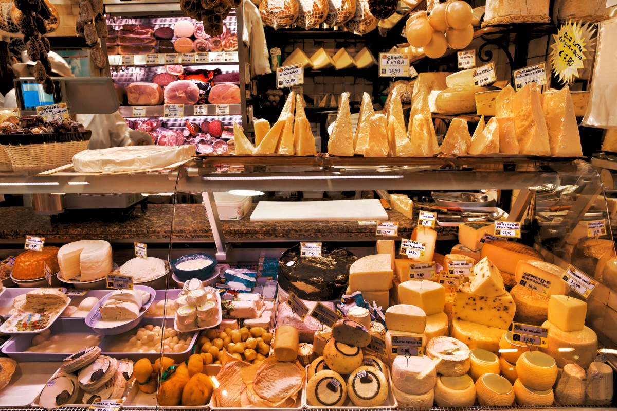 Emilia Romagna meats and cheeses. Italian meat and cheese market.