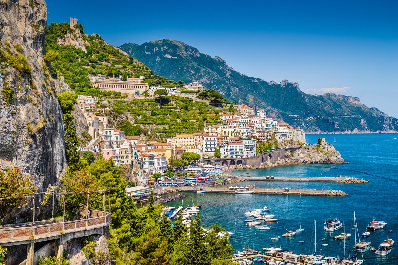 Scenic view of the town of Amalfi at famous Amalfi Coast with Gulf of Salerno, Campania, Italy