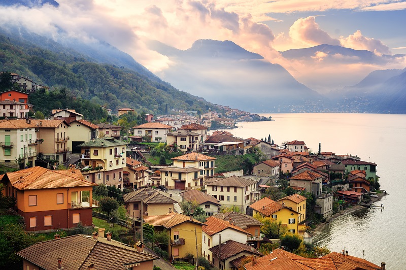 View of Lake Como, Milan with Alps mountains in background, Italy