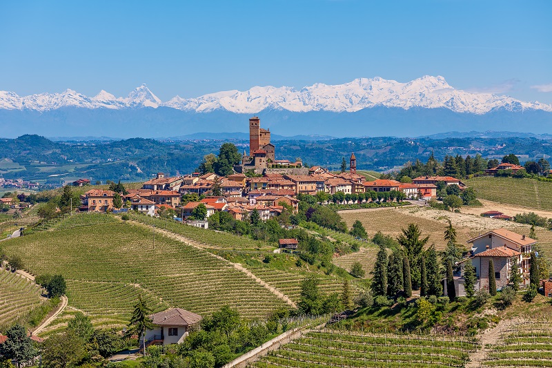 Small town on a hill surrounded by green vineyards and mountains with snowy peaks in background in Piedmont