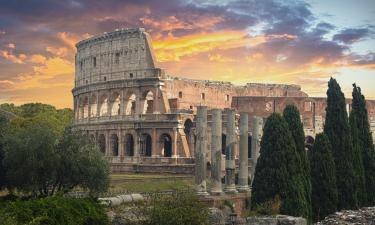 the colosseum at dusk with cyprus trees
